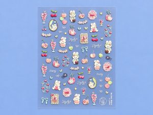 Lámina de stickers de conejos y cerezas