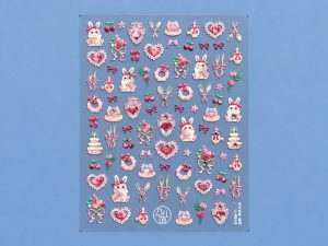 Lámina de stickers de conejos, pasteles y corazones
